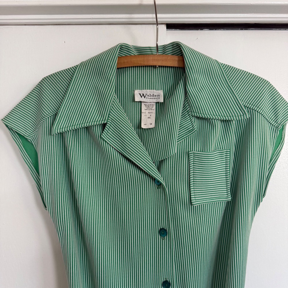 Vintage Walden Classics Green White Striped Shirt Dress Belted Size 12 Retro